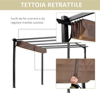 Gazebo Pergola Da Giardino 3X4M Con Tetto Scorrevole In Poliestere E Struttura In Alluminio, Grigio E Marrone