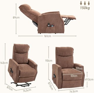 Sillón Eléctrico Elevador Reclinable 135°, Sillón Relax Eléctrico de Poliéster con 2 Mando a Distancia, Reposapiés, 8 Puntos de Masaje y Bolsillos Laterales, Marrón Oscuro