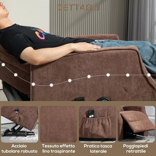 Sillón Eléctrico Elevador Reclinable 135°, Sillón Relax Eléctrico de Poliéster con 2 Mando a Distancia, Reposapiés, 8 Puntos de Masaje y Bolsillos Laterales, Marrón Oscuro
