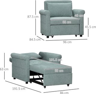 Sillón Cama Individual Con Respaldo Regulable en 4 Posiciones, Tejido Transpirable Efecto Lino y Asiento Acolchado, 96X84.5X87.5 Cm, Verde