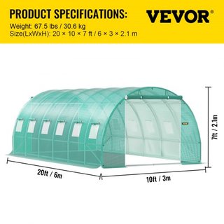 Invernadero de túnel portátil, 609.6 x 304.8 x 213.4 cm Casa caliente para plantas con arcos de acero galvanizado, 3 vigas superiores, 4 postes diagonales, 2 puertas con cremallera y 12 ventanas e...