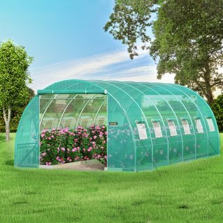 Invernadero de túnel portátil, 609.6 x 304.8 x 213.4 cm Casa caliente para plantas con arcos de acero galvanizado, 3 vigas superiores, 4 postes diagonales, 2 puertas con cremallera y 12 ventanas e...
