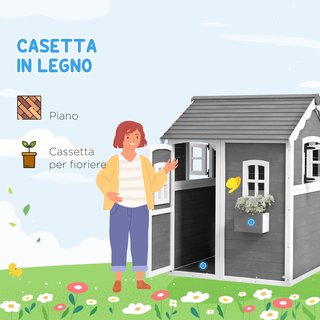 Casa para Niños de 3-8 Años Con 6 Ventanas y Jardinería, Casa de Juego de Madera de Abeto, 104.5X110X137 Cm, Gris