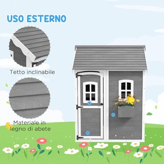 Casa para Niños de 3-8 Años Con 6 Ventanas y Jardinería, Casa de Juego de Madera de Abeto, 104.5X110X137 Cm, Gris