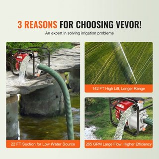 Bomba de Agua con Motor de Gasolina, Entrada/Salida de 7.6 cm, 5.2 kW (7 HP), 1003.5 L/min, 43.3 m de Elevación, 6.7 m de Succión, Bomba de Transferencia de Agua Residual a Gas de 4 Tiempos con Ma...