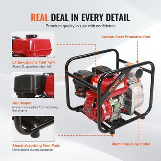 Bomba de Agua con Motor de Gasolina, Entrada/Salida de 7.6 cm, 5.2 kW (7 HP), 1003.5 L/min, 43.3 m de Elevación, 6.7 m de Succión, Bomba de Transferencia de Agua Residual a Gas de 4 Tiempos con Ma...