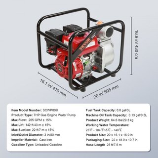Bomba de Agua con Motor de Gasolina, Entrada/Salida de 7.6 cm, 5.2 kW (7 HP), 1003.5 L/min, 43.3 m de Elevación, 6.7 m de Succión, Bomba de Transferencia de Agua Residual a Gas de 4 Tiempos con Ma...