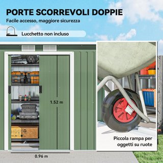 Caseta de Jardín 3.2M² de Acero Galvanizado con Kit de Fundación, Salidas de Aire, Cobertizo para Herramientas con Techo Inclinado, Doble Puerta Corredera Bloqueable, Verde Claro
