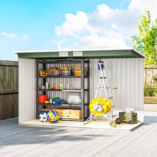 Caseta de Jardín 3.2M² de Acero Galvanizado con Kit de Fundación, Salidas de Aire, Cobertizo para Herramientas con Techo Inclinado, Doble Puerta Corredera Bloqueable, Verde Claro