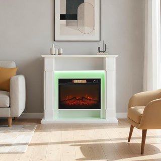 Chimenea Eléctrica Con Marco Efecto Llama 3D Realista 3 Modos, Chimenea Eléctrica Empotrada 1800W Con Luz LED Y Calefacción Regulable, 2 Mando A Distancia, Termostato, Temporizador, Blanco