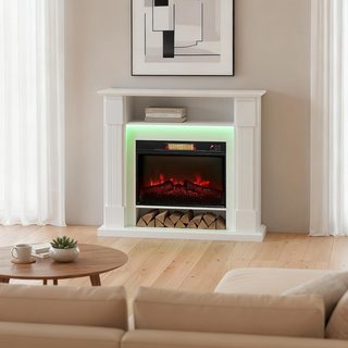 Chimenea Eléctrica Con Marco Efecto Llama 3D Realista 3 Modos, Chimenea Eléctrica Empotrada 1800W Con Luz LED Y Calefacción Regulable, 2 Mando A Distancia, Termostato, Temporizador, Blanco