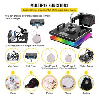 Máquina de Prensa Térmica, 15 x 15 Pulgadas, Impresora de Transferencia de Sublimación para Camisetas 5 en 1 Combo con Diseño de Movimiento Lateral, Accesorios para Taza/Gorra/Plato Incluidos, Cer...