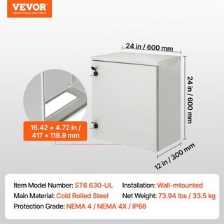 Caja Eléctrica, 60x60x30 cm, Enclosure Exterior NEMA 4 Certificado UL, IP65 a Prueba de Agua y Polvo, Caja de Juntas de Acero al Carbono Laminado en Frío con Puerta Plegable para Uso Interior y Ex...