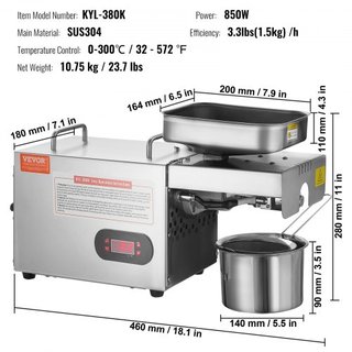 Máquina de Prensa de Aceite Eléctrica, Extractor de Aceite de Acero Inoxidable de 850W, Temperatura Ajustable de 0-300℃ / 32 - 572 ℉, Prensa de Aceite en Caliente para Prensar Cacahuetes, Semillas...