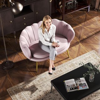 Sofá de 2 Plazas en Tejido Efecto Terciopelo, Pequeño Sofá Vintage Con Brazos, Moderno, Asiento Acolchado para Dormitorio y Salón, 130X77X77Cm, Rosa