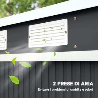 Caseta de Jardín 2.42M² en Acero Galvanizado con Kit de Fundación, Salidas de Aire, Cobertizo para Herramientas con Doble Puerta Corredera Bloqueable, Techo Inclinado, 213X130X172 Cm, Gris Oscuro