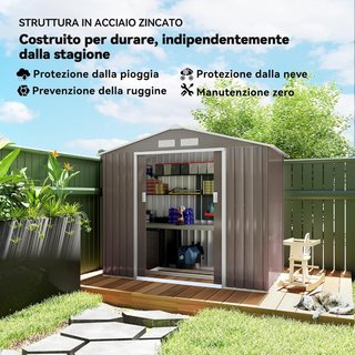 Caseta De Jardín 2.5M² en Acero Galvanizado Con Base Y Salidas De Aire, Cobertizo Para Herramientas Con Techo Inclinado, Doble Puertas Correderas Bloqueables, 213X130X185 Cm, Gris