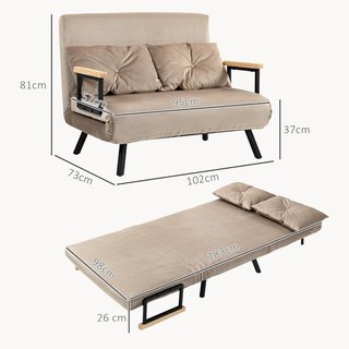 Sofá Cama de 2 Plazas con Respaldo Regulable en 5 Niveles, Sofá Cama Matrimonial Plegable con 2 Cojines para Sala de Estar, en Tejido Acolchado, Acero y Madera, 102X73X81 Cm, Marrón Claro