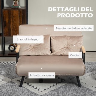 Sofá Cama de 2 Plazas con Respaldo Regulable en 5 Niveles, Sofá Cama Matrimonial Plegable con 2 Cojines para Sala de Estar, en Tejido Acolchado, Acero y Madera, 102X73X81 Cm, Marrón Claro