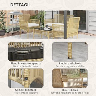 Juego de Jardín de Rattan 4 Piezas, Juego de Exterior con 2 Sillones de Exterior, Sofá de Jardín y Mesa de Jardín, Natural y Negro