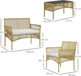 Juego de Jardín de Rattan 4 Piezas, Juego de Exterior con 2 Sillones de Exterior, Sofá de Jardín y Mesa de Jardín, Natural y Negro