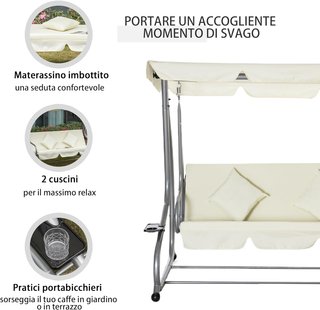 Columpio de Jardín convertible en Cama de Columpio, Columpio de 3 Plazas en Acero y Poliéster con Techo Regulable y 2 Portavasos, 200x120x164 cm, Crema