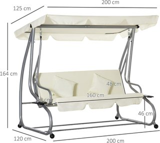 Columpio de Jardín convertible en Cama de Columpio, Columpio de 3 Plazas en Acero y Poliéster con Techo Regulable y 2 Portavasos, 200x120x164 cm, Crema