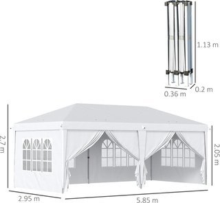 Gazebo Plegable 6X3 M Pop up Con 4 Ventanas Y Paneles Laterales, 2 Puertas Y Bolsa De Transporte, Gazebo De Exterior Con 12 Orificios De Drenaje En Metal Y Oxford, Para Jardín, Fiestas, Blanco