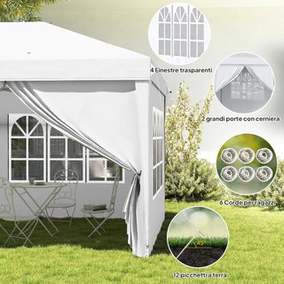 Gazebo Plegable 6X3 M Pop up Con 4 Ventanas Y Paneles Laterales, 2 Puertas Y Bolsa De Transporte, Gazebo De Exterior Con 12 Orificios De Drenaje En Metal Y Oxford, Para Jardín, Fiestas, Blanco