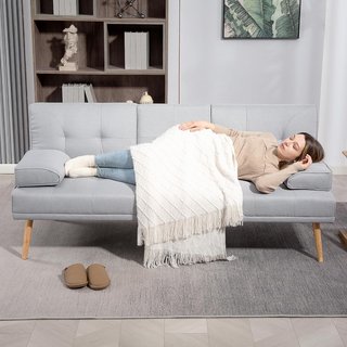 Sofá Cama de 3 Plazas Estilo Escandinavo Reclinable con 2 Brazos Extraíbles en Tela, Patas de Madera y Mesa Plegable Gris