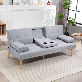 Sofá Cama de 3 Plazas Estilo Escandinavo Reclinable con 2 Brazos Extraíbles en Tela, Patas de Madera y Mesa Plegable Gris