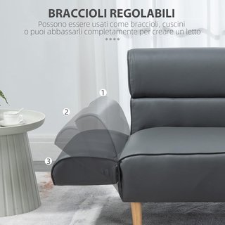 Sofá de 2 Plazas Convertible en Sofá Cama Individual con Brazos Regulables, Tapizado Efecto Piel Gris, 164X71X75Cm