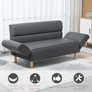 Sofá de 2 Plazas Convertible en Sofá Cama Individual con Brazos Regulables, Tapizado Efecto Piel Gris, 164X71X75Cm
