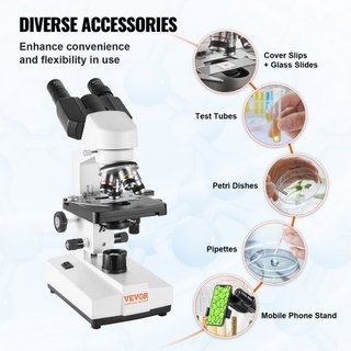 Microscopio Compuesto Binocular, Magnificación de 40X-2500X, Microscopio de Laboratorio Compuesto Binocular con Iluminación LED, Plataforma Mecánica de Dos Capas, Incluye Soporte para Teléfono y P...