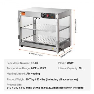 Exhibidor de Comida Caliente Comercial de 2 Niveles, Calentador de Exhibición de Comida de 800W con Luz para Mejorar la Exhibición de Comida, Control de Temperatura de 30℃~85℃, Gran Capacidad de 5...