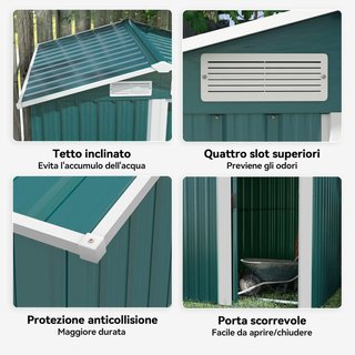 Caseta De Jardín 1.7M² De Acero Galvanizado Con Kit De Fundación, Cobertizo De Jardín Para Herramientas Con Techo Inclinado, 4 Salidas De Aire, Puerta Corredera, 152X132X188 Cm, Verde
