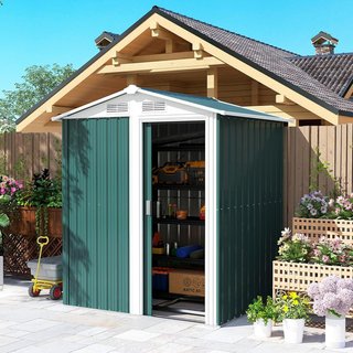 Caseta De Jardín 1.7M² De Acero Galvanizado Con Kit De Fundación, Cobertizo De Jardín Para Herramientas Con Techo Inclinado, 4 Salidas De Aire, Puerta Corredera, 152X132X188 Cm, Verde