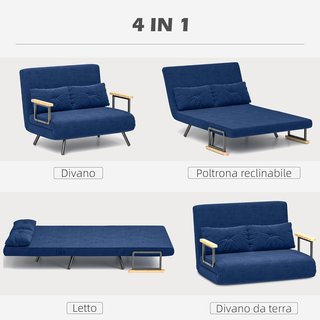 Sofá Cama 4 en 1 de 2 Plazas, Con Respaldo Ajustable en 5 Posiciones, Sofá Cama Matrimonial Plegable Con 2 Cojines, Asiento Acolchado, en Terciopelo para Casa y Oficina, 102X73X81 Cm, Azul