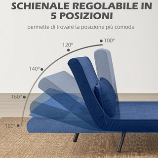 Sofá Cama 4 en 1 de 2 Plazas, Con Respaldo Ajustable en 5 Posiciones, Sofá Cama Matrimonial Plegable Con 2 Cojines, Asiento Acolchado, en Terciopelo para Casa y Oficina, 102X73X81 Cm, Azul