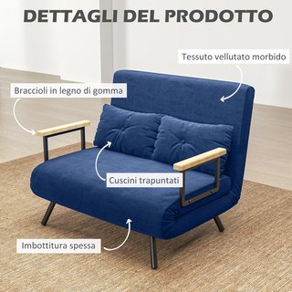 Sofá Cama 4 en 1 de 2 Plazas, Con Respaldo Ajustable en 5 Posiciones, Sofá Cama Matrimonial Plegable Con 2 Cojines, Asiento Acolchado, en Terciopelo para Casa y Oficina, 102X73X81 Cm, Azul