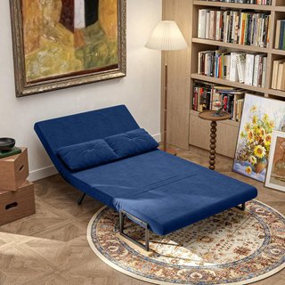 Sofá Cama 4 en 1 de 2 Plazas, Con Respaldo Ajustable en 5 Posiciones, Sofá Cama Matrimonial Plegable Con 2 Cojines, Asiento Acolchado, en Terciopelo para Casa y Oficina, 102X73X81 Cm, Azul