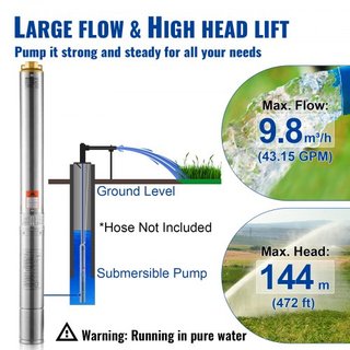 Bomba Sumergible de Pozo Profundo, 3HP/2200W 230V/50Hz, Flujo de 9.8 m³/h, Altura de 144 m, con Cable Eléctrico de 9.1 m, Bombas de Agua de Acero Inoxidable para Uso Industrial, Irrigación y Domés...