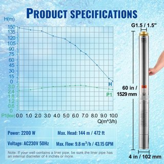 Bomba Sumergible de Pozo Profundo, 3HP/2200W 230V/50Hz, Flujo de 9.8 m³/h, Altura de 144 m, con Cable Eléctrico de 9.1 m, Bombas de Agua de Acero Inoxidable para Uso Industrial, Irrigación y Domés...