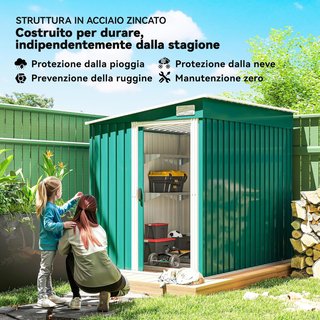 Caseta De Jardín 2.81M² de Acero Galvanizado Con Kit de Fundación, Cobertizo Para Herramientas Adosado Con Estantes Regulables, Ganchos, Techo Inclinado, Salidas de Aire, Puerta Corredera Verde