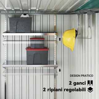 Caseta De Jardín 2.81M² de Acero Galvanizado Con Kit de Fundación, Cobertizo Para Herramientas Adosado Con Estantes Regulables, Ganchos, Techo Inclinado, Salidas de Aire, Puerta Corredera Verde
