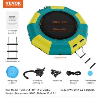 Bouncer de Agua Inflable, Trampolín Recreativo de Agua de 10 pies, Plataforma de Salto Portátil con Escalera de 3 Pasos y Bomba de Aire Eléctrica, Rebotador Flotante para Niños y Adultos para Pisc...