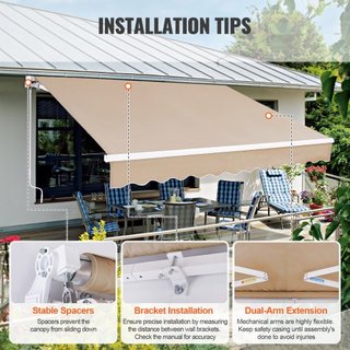 Toldo Retráctil Manual, Toldo de Patio Exterior de 8 x 7 pies, Sombra Retráctil, Toldo de Ventana y Puerta de Patio de Poliéster Resistente al Agua con Manivela para Jardín, Balcón