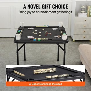 Mesa de Mahjong, Mesa de Cartas Plegable Cuadrada para 4 Jugadores con 4 Portavasos y 4 Bandejas para Fichas, Mesa de Dominó Portátil con 1 Juego de Dominó para Mahjong Poke Puzzles, 35.4 x 35.4 p...