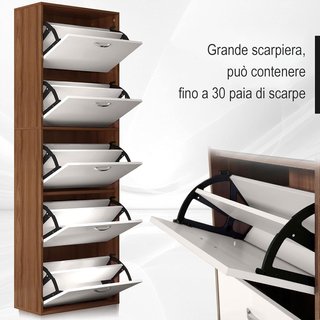 Zapatero Slim Ahorra Espacio de 5 Niveles para Máximo 30 Pares Con 2 Estantes por Nivel, Mueble para Zapatos en MDF, 60X28X189 Cm, Blanco y Marrón