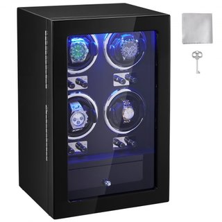 Reloj Winder, Reloj Winder para 4 Relojes Automáticos de Hombre y Mujer, con 4 Motores Mabuchi Japoneses Súper Silenciosos, Luz LED Azul y Adaptador, Carcasa de Tablero de Alta Densidad y PU Negro